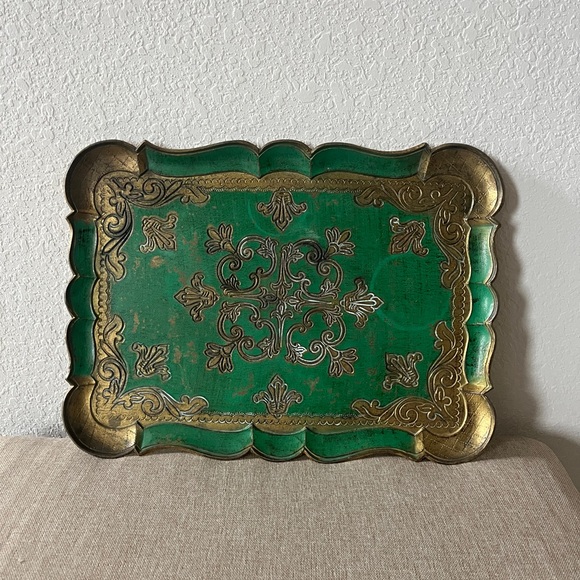 Vintage Italian Florentine Green & Gold Gilt Decorative Tray - Picture 1 of 5